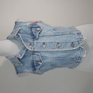 Vintage 90's Y2K Bongo Cropped Denim Jean Vest Distressed Hem Size Medium